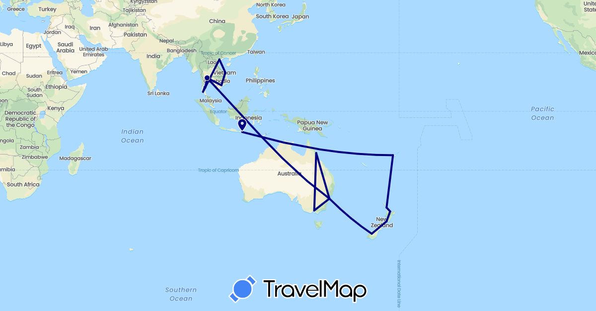 TravelMap itinerary: driving in Australia, Fiji, Indonesia, New Zealand, Thailand, Vietnam (Asia, Oceania)